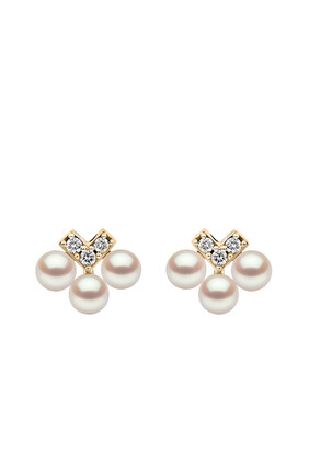 Sleek V-Shape Earrings, 18k Yellow Gold with Akoya Pearls & Diamonds